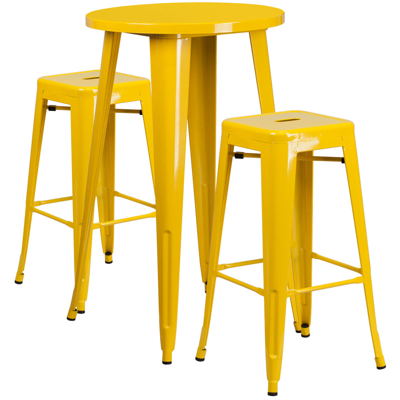 Commercial Grade 24" Round Yellow Metal Indoor-Outdoor Bar Table Set with 2 Square Seat Backless Stools