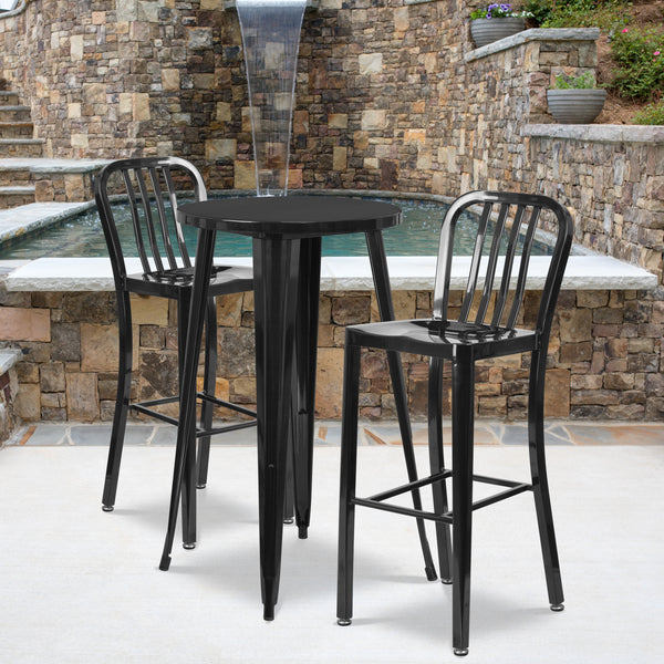 Commercial Grade 24" Round Black Metal Indoor-Outdoor Bar Table Set with 2 Vertical Slat Back Stools