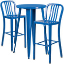 Commercial Grade 24" Round Blue Metal Indoor-Outdoor Bar Table Set with 2 Vertical Slat Back Stools