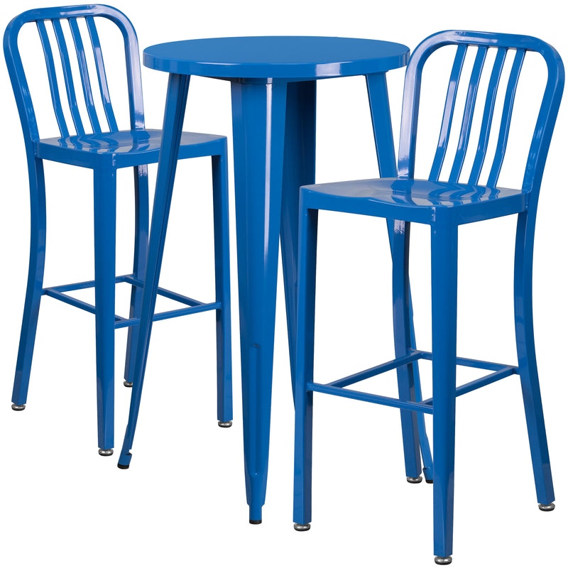 Commercial Grade 24" Round Blue Metal Indoor-Outdoor Bar Table Set with 2 Vertical Slat Back Stools