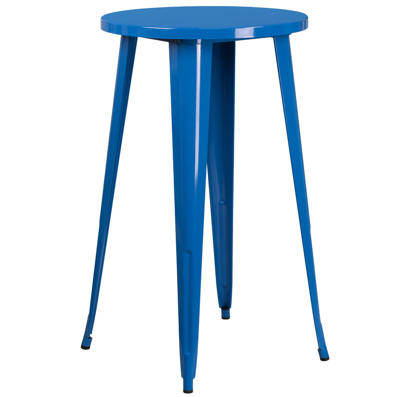 Commercial Grade 24" Round Blue Metal Indoor-Outdoor Bar Table Set with 2 Vertical Slat Back Stools