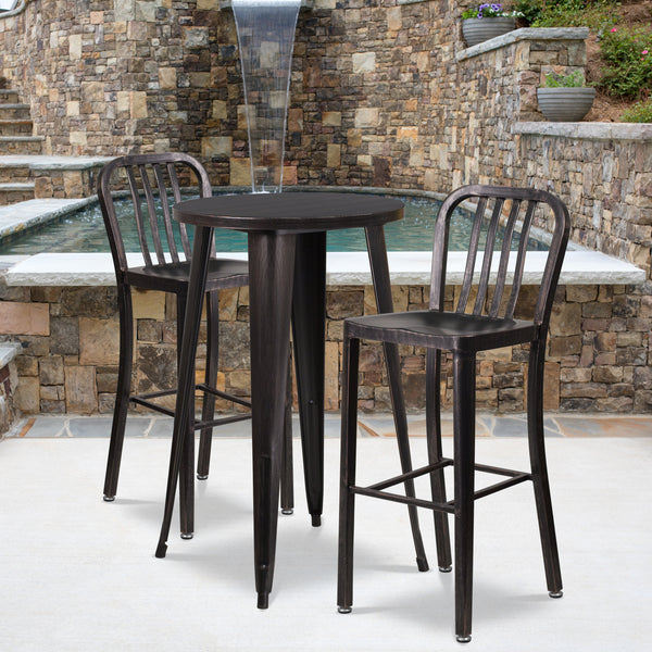 Commercial Grade 24" Round Black-Antique Gold Metal Indoor-Outdoor Bar Table Set with 2 Vertical Slat Back Stools