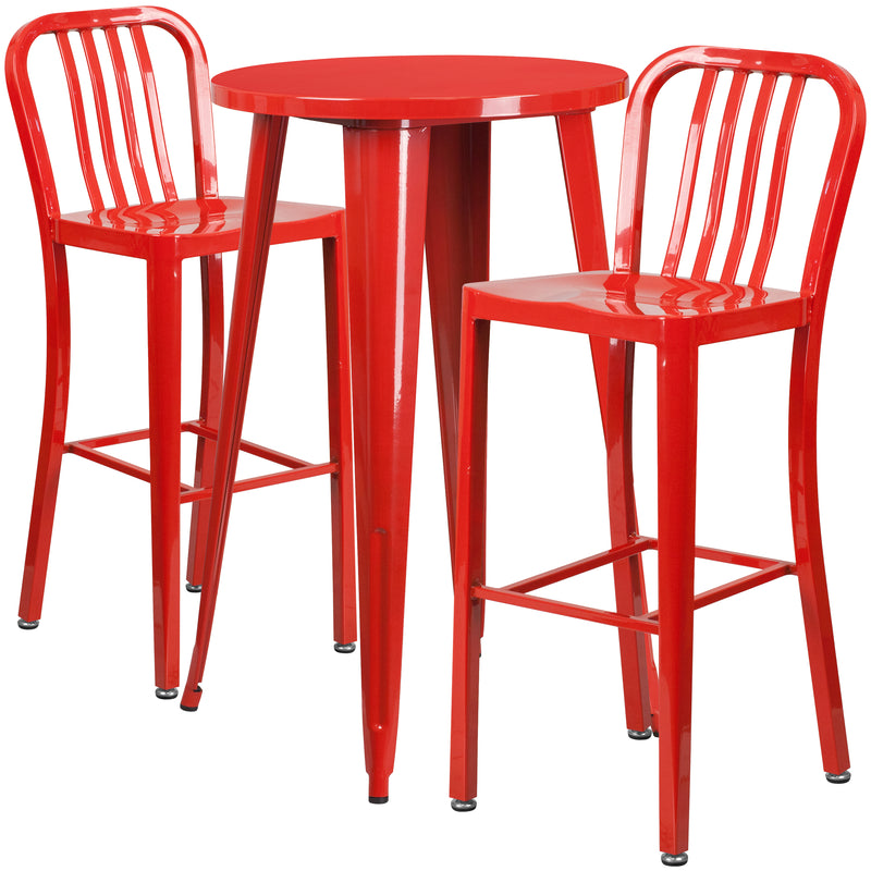 Commercial Grade 24" Round Red Metal Indoor-Outdoor Bar Table Set with 2 Vertical Slat Back Stools