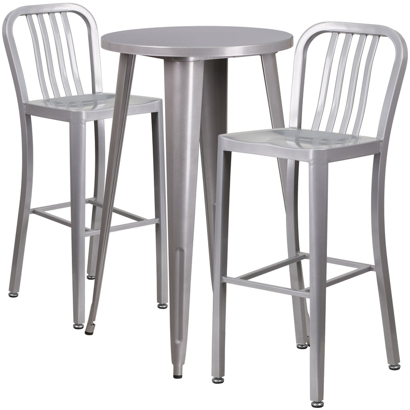 Commercial Grade 24" Round Silver Metal Indoor-Outdoor Bar Table Set with 2 Vertical Slat Back Stools