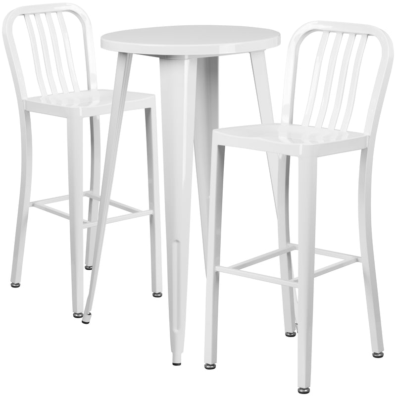 Commercial Grade 24" Round White Metal Indoor-Outdoor Bar Table Set with 2 Vertical Slat Back Stools