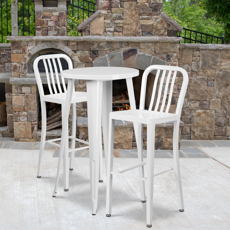 Commercial Grade 24" Round White Metal Indoor-Outdoor Bar Table Set with 2 Vertical Slat Back Stools