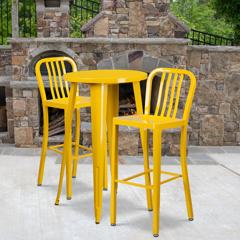 Commercial Grade 24" Round Yellow Metal Indoor-Outdoor Bar Table Set with 2 Vertical Slat Back Stools