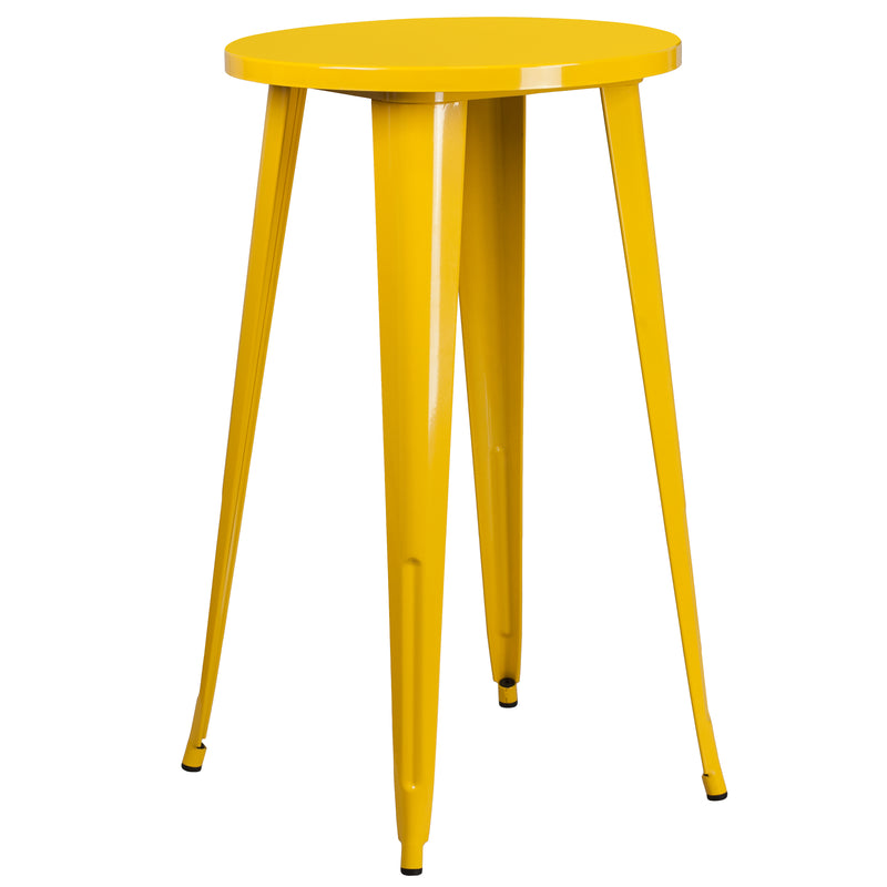 Commercial Grade 24" Round Yellow Metal Indoor-Outdoor Bar Table Set with 2 Vertical Slat Back Stools