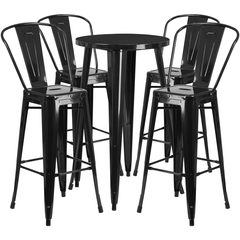 Commercial Grade 24" Round Black Metal Indoor-Outdoor Bar Table Set with 4 Cafe Stools