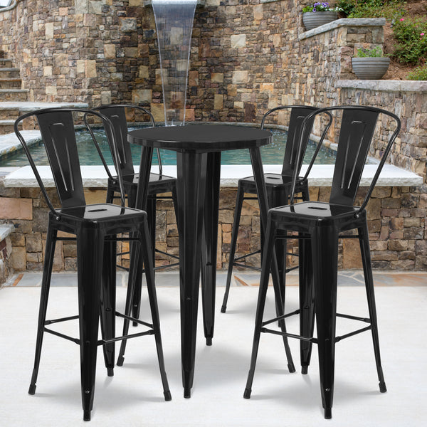 Commercial Grade 24" Round Black Metal Indoor-Outdoor Bar Table Set with 4 Cafe Stools