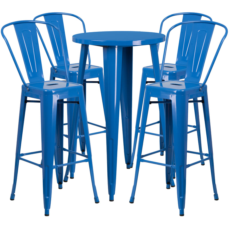 Commercial Grade 24" Round Blue Metal Indoor-Outdoor Bar Table Set with 4 Cafe Stools