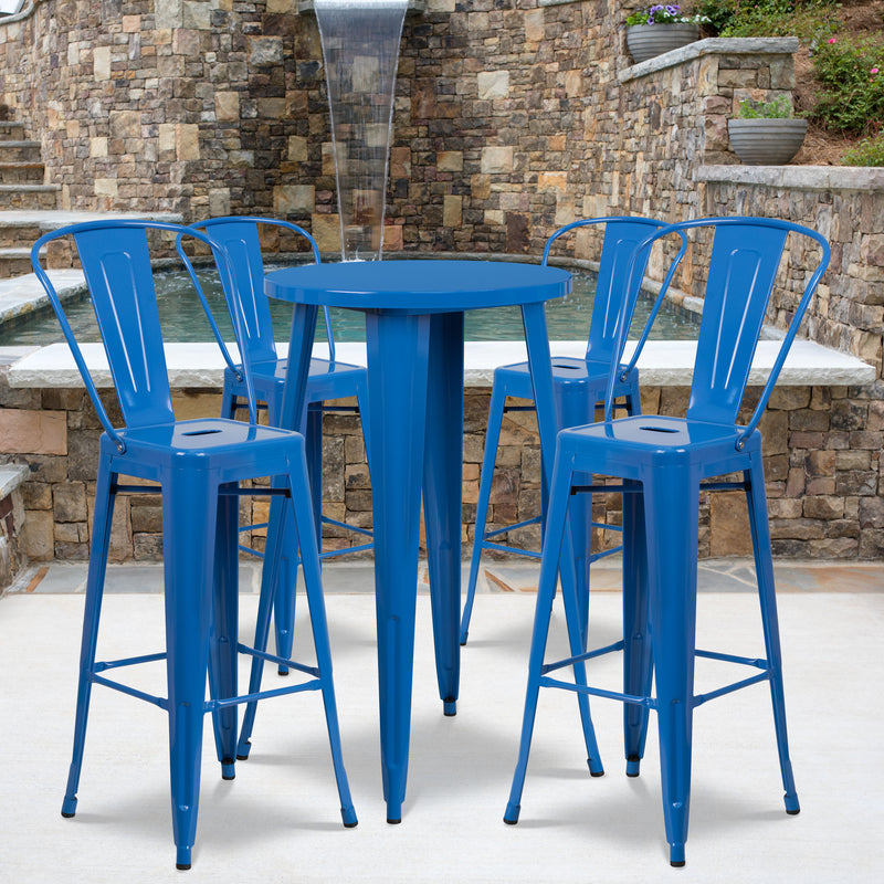 Commercial Grade 24" Round Blue Metal Indoor-Outdoor Bar Table Set with 4 Cafe Stools