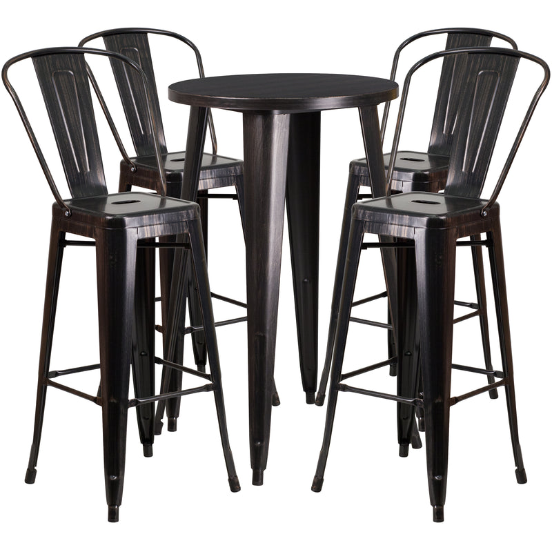 Commercial Grade 24" Round Black-Antique Gold Metal Indoor-Outdoor Bar Table Set with 4 Cafe Stools