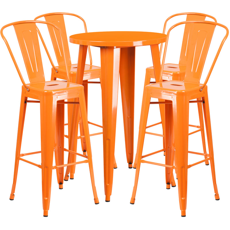 Commercial Grade 24" Round Orange Metal Indoor-Outdoor Bar Table Set with 4 Cafe Stools