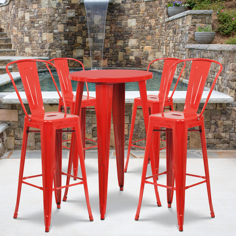 Commercial Grade 24" Round Red Metal Indoor-Outdoor Bar Table Set with 4 Cafe Stools