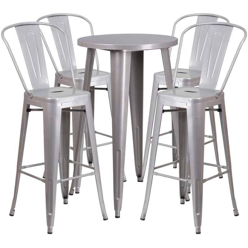 Commercial Grade 24" Round Silver Metal Indoor-Outdoor Bar Table Set with 4 Cafe Stools