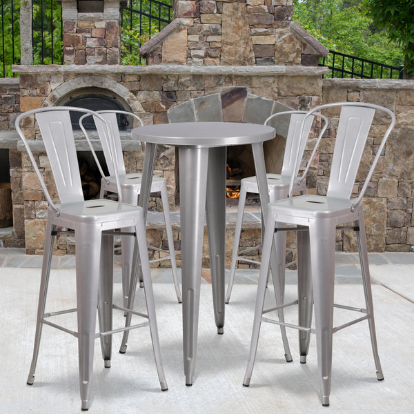 Commercial Grade 24" Round Silver Metal Indoor-Outdoor Bar Table Set with 4 Cafe Stools