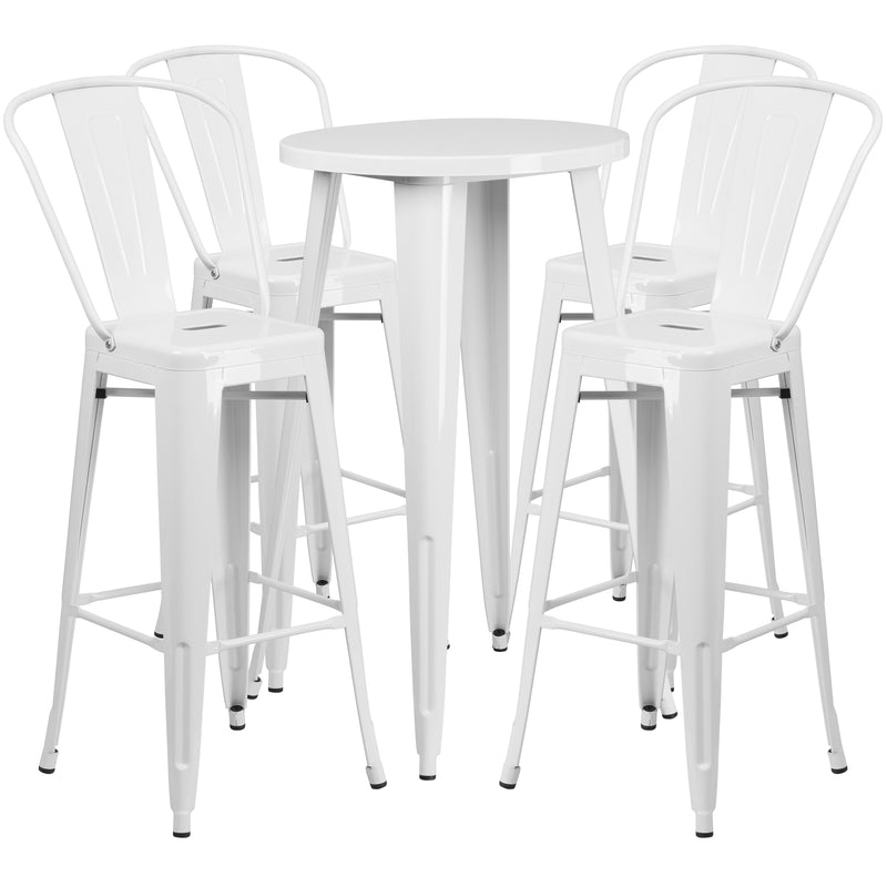 Commercial Grade 24" Round White Metal Indoor-Outdoor Bar Table Set with 4 Cafe Stools