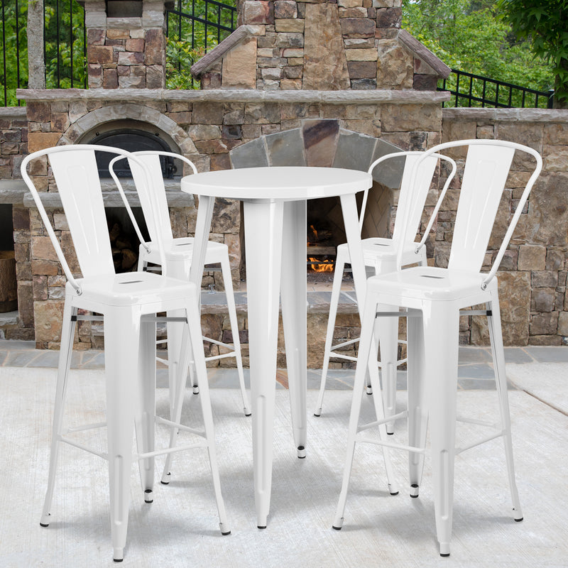 Commercial Grade 24" Round White Metal Indoor-Outdoor Bar Table Set with 4 Cafe Stools