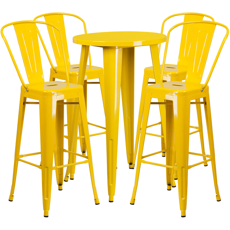 Commercial Grade 24" Round Yellow Metal Indoor-Outdoor Bar Table Set with 4 Cafe Stools