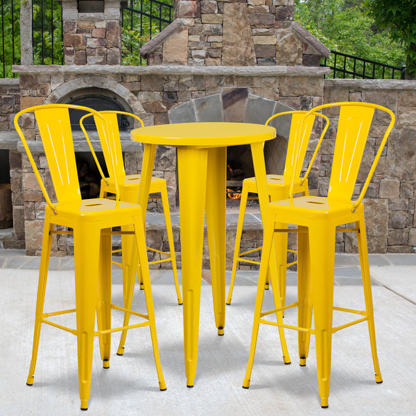 Commercial Grade 24" Round Yellow Metal Indoor-Outdoor Bar Table Set with 4 Cafe Stools