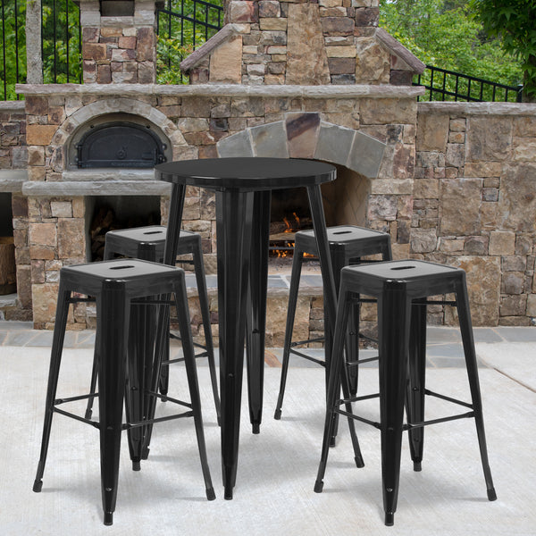 Commercial Grade 24" Round Black Metal Indoor-Outdoor Bar Table Set with 4 Square Seat Backless Stools