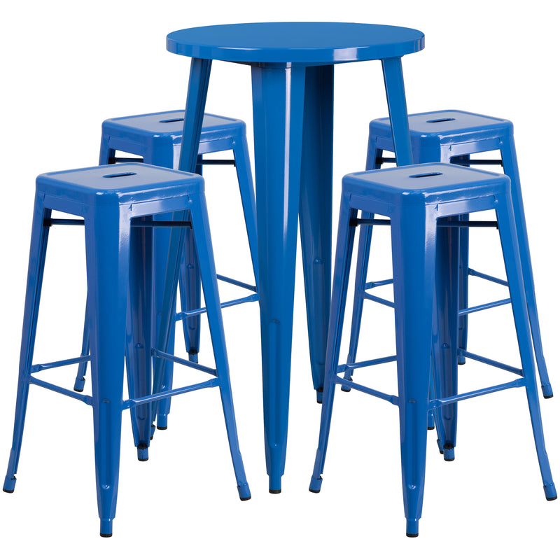 Commercial Grade 24" Round Blue Metal Indoor-Outdoor Bar Table Set with 4 Square Seat Backless Stools