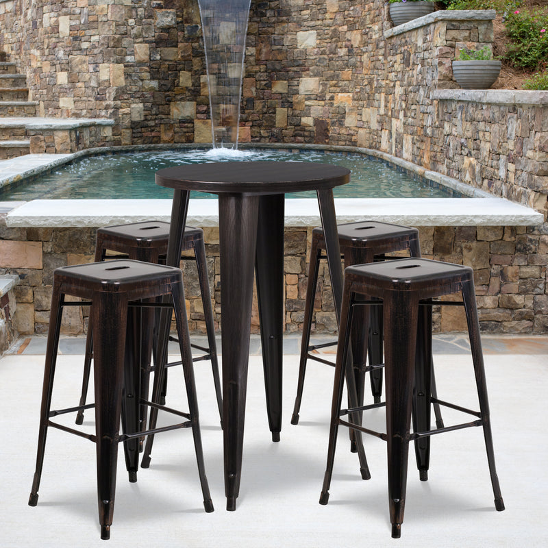 Commercial Grade 24" Round Black-Antique Gold Metal Indoor-Outdoor Bar Table Set with 4 Square Seat Backless Stools