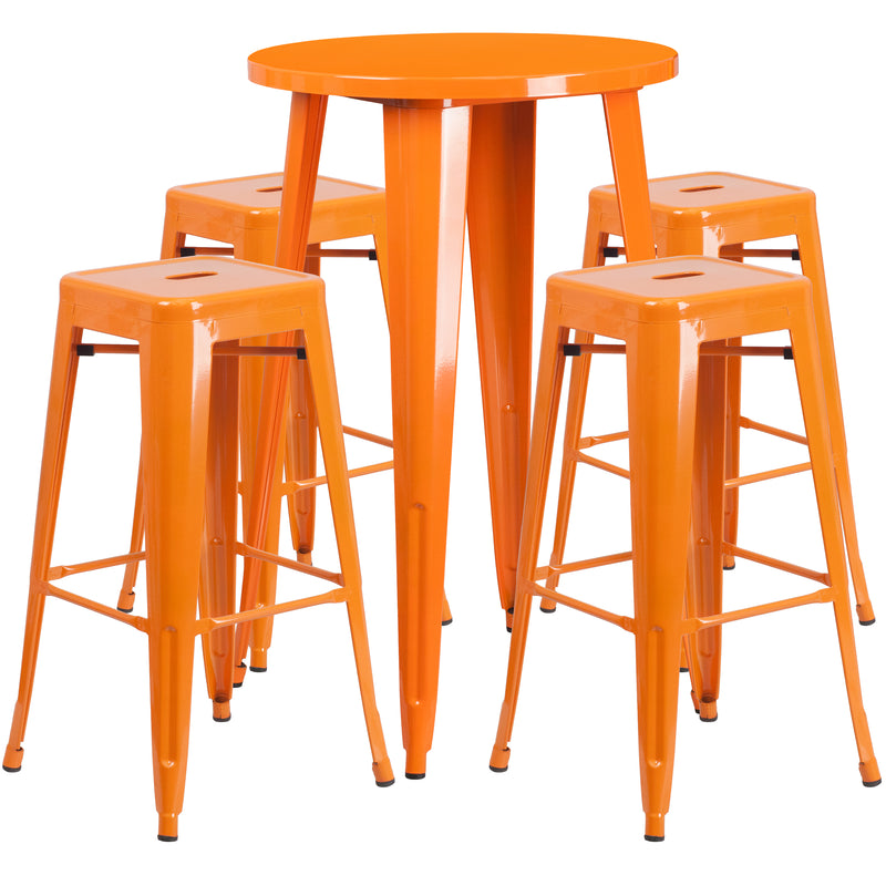 Commercial Grade 24" Round Orange Metal Indoor-Outdoor Bar Table Set with 4 Square Seat Backless Stools