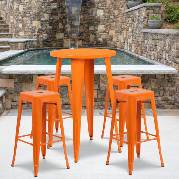 Commercial Grade 24" Round Orange Metal Indoor-Outdoor Bar Table Set with 4 Square Seat Backless Stools