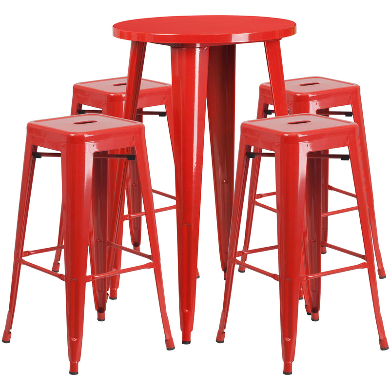 Commercial Grade 24" Round Red Metal Indoor-Outdoor Bar Table Set with 4 Square Seat Backless Stools