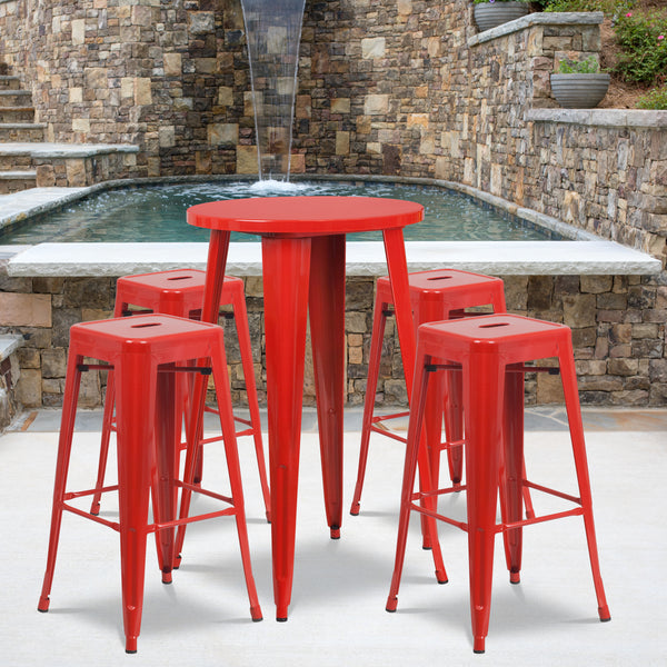 Commercial Grade 24" Round Red Metal Indoor-Outdoor Bar Table Set with 4 Square Seat Backless Stools