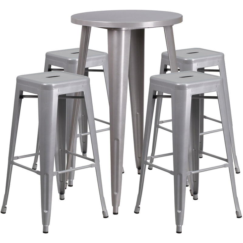 Commercial Grade 24" Round Silver Metal Indoor-Outdoor Bar Table Set with 4 Square Seat Backless Stools