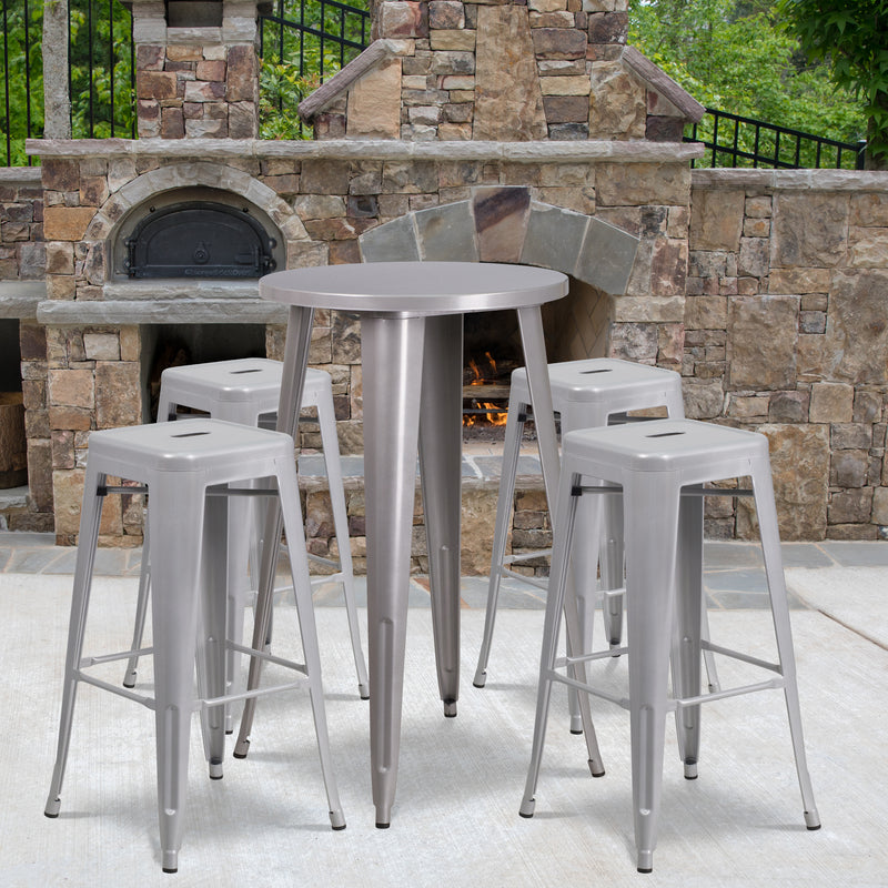 Commercial Grade 24" Round Silver Metal Indoor-Outdoor Bar Table Set with 4 Square Seat Backless Stools