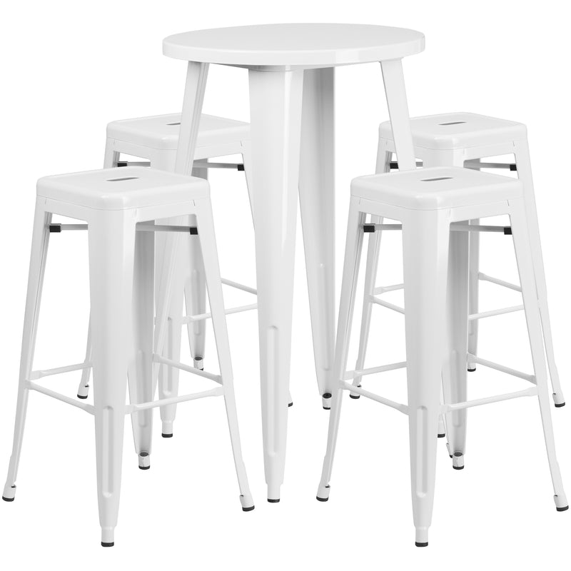 Commercial Grade 24" Round White Metal Indoor-Outdoor Bar Table Set with 4 Square Seat Backless Stools