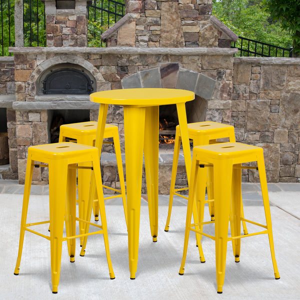 Commercial Grade 24" Round Yellow Metal Indoor-Outdoor Bar Table Set with 4 Square Seat Backless Stools