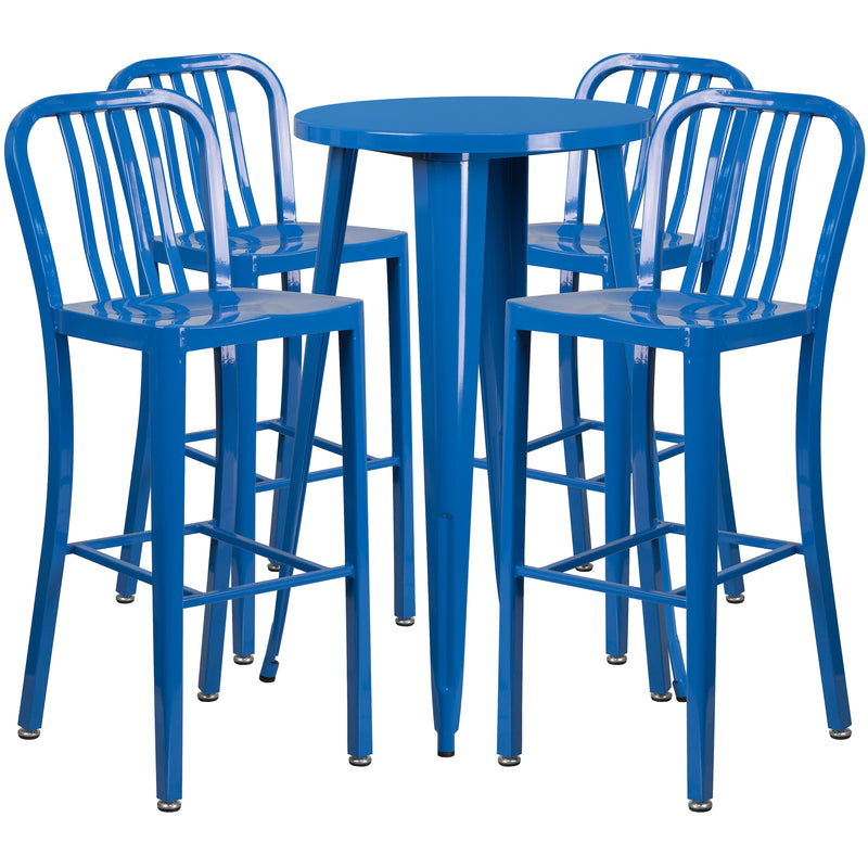 Commercial Grade 24" Round Blue Metal Indoor-Outdoor Bar Table Set with 4 Vertical Slat Back Stools