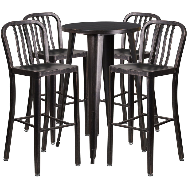 Commercial Grade 24" Round Black-Antique Gold Metal Indoor-Outdoor Bar Table Set with 4 Vertical Slat Back Stools