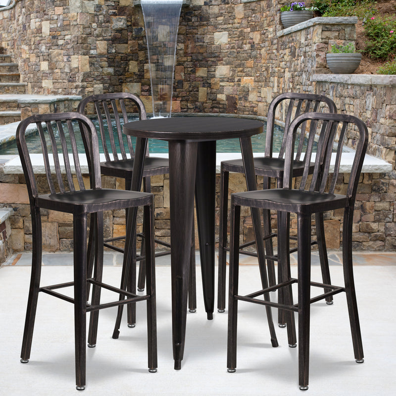 Commercial Grade 24" Round Black-Antique Gold Metal Indoor-Outdoor Bar Table Set with 4 Vertical Slat Back Stools