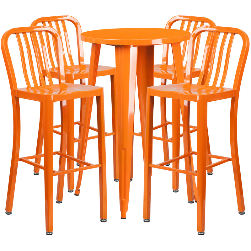 Commercial Grade 24" Round Orange Metal Indoor-Outdoor Bar Table Set with 4 Vertical Slat Back Stools