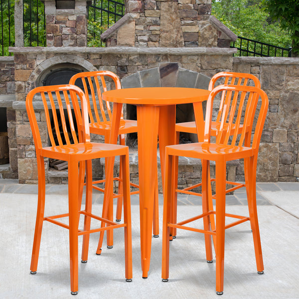 Commercial Grade 24" Round Orange Metal Indoor-Outdoor Bar Table Set with 4 Vertical Slat Back Stools