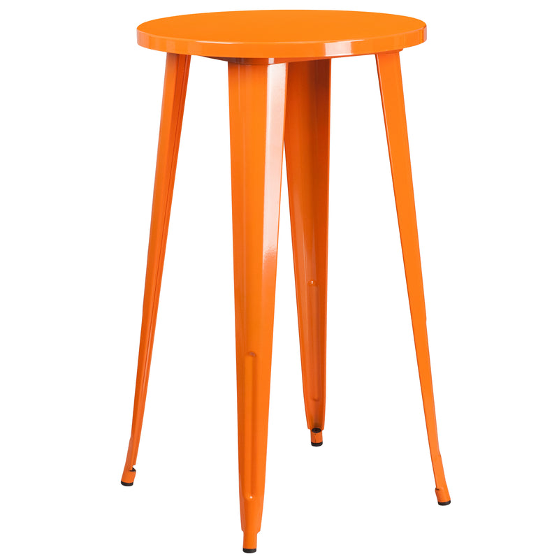 Commercial Grade 24" Round Orange Metal Indoor-Outdoor Bar Table Set with 4 Vertical Slat Back Stools