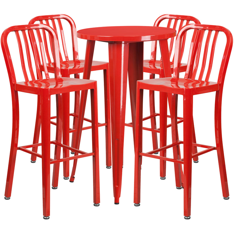 Commercial Grade 24" Round Red Metal Indoor-Outdoor Bar Table Set with 4 Vertical Slat Back Stools