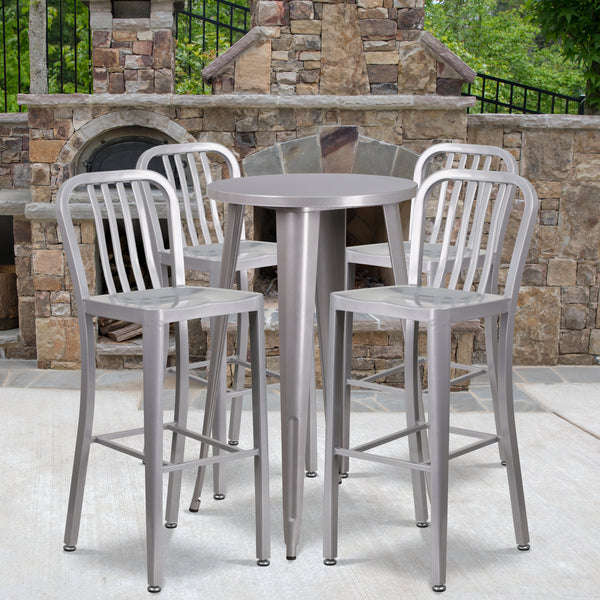 Commercial Grade 24" Round Silver Metal Indoor-Outdoor Bar Table Set with 4 Vertical Slat Back Stools