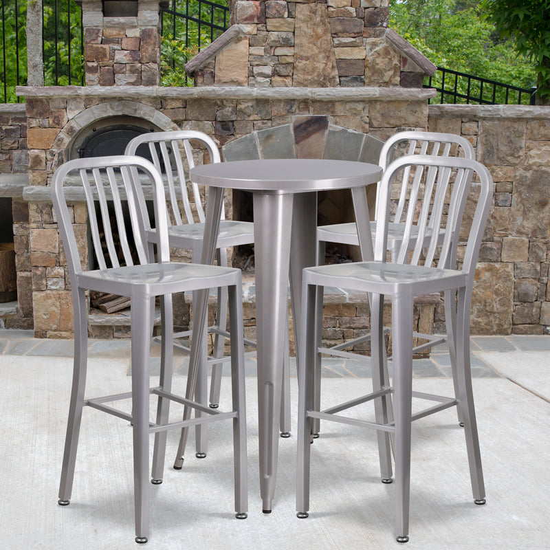 Commercial Grade 24" Round Silver Metal Indoor-Outdoor Bar Table Set with 4 Vertical Slat Back Stools