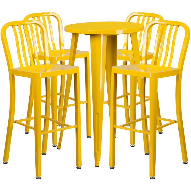 Commercial Grade 24" Round Yellow Metal Indoor-Outdoor Bar Table Set with 4 Vertical Slat Back Stools