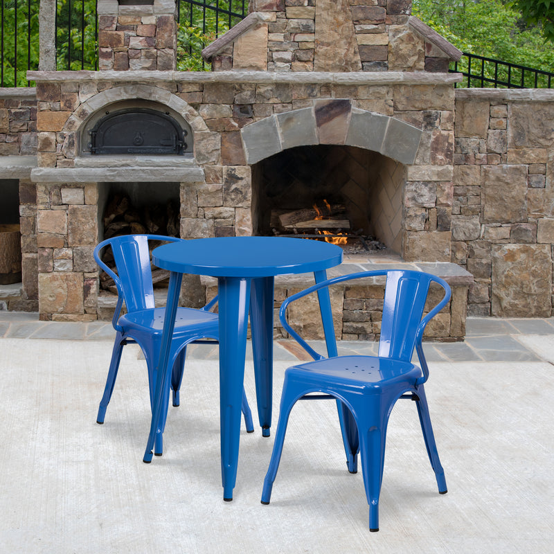 Commercial Grade 24" Round Blue Metal Indoor-Outdoor Table Set with 2 Arm Chairs