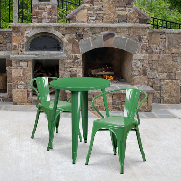 Commercial Grade 24" Round Green Metal Indoor-Outdoor Table Set with 2 Arm Chairs