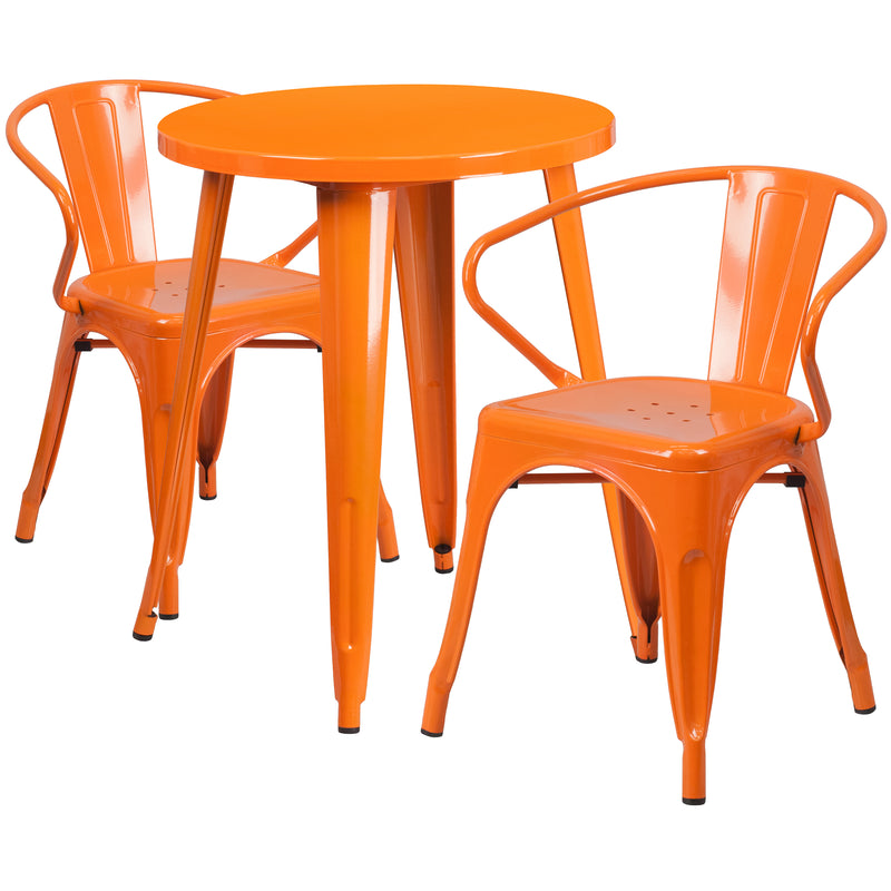 Commercial Grade 24" Round Orange Metal Indoor-Outdoor Table Set with 2 Arm Chairs