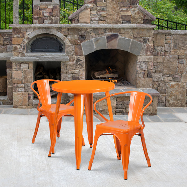 Commercial Grade 24" Round Orange Metal Indoor-Outdoor Table Set with 2 Arm Chairs